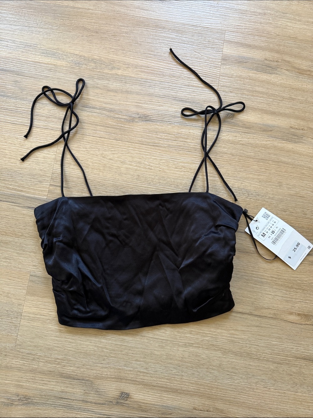 Zara Black Satin Tie-Shoulder Cropped Camisole
